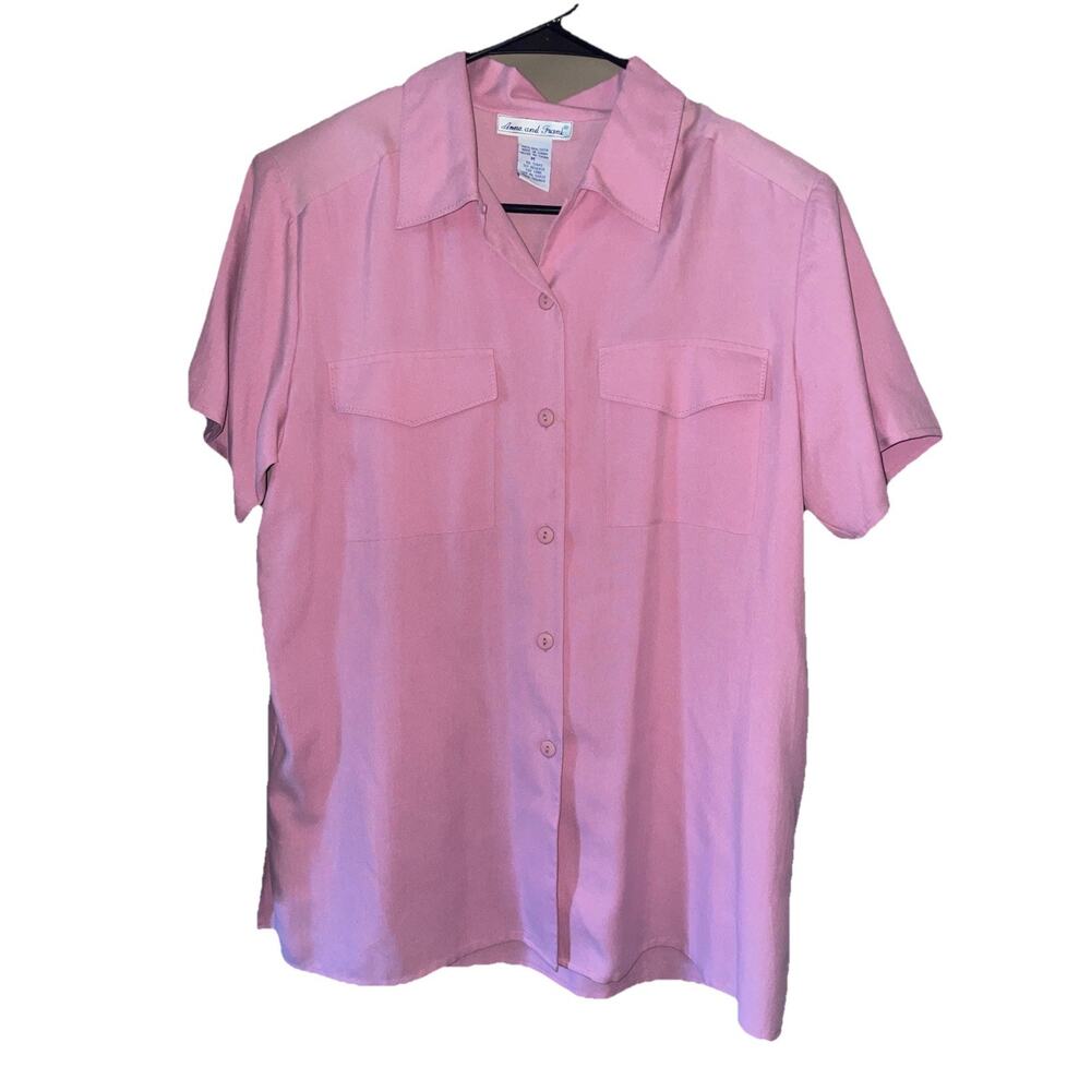 Vintage Anna And Frank 100% SILK Short Sleeve Button Down Blouse Sz M